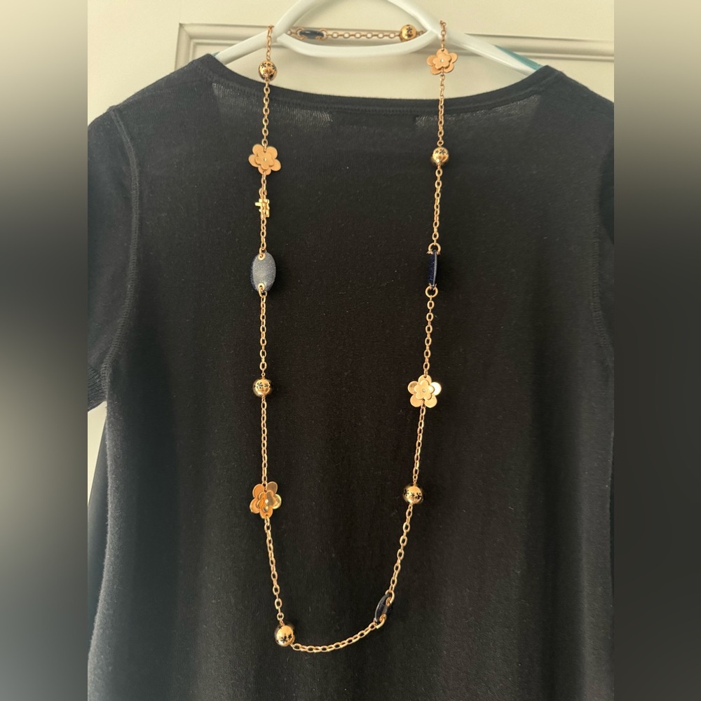 Folli Follie Gold-Tone Floral Long Necklace with Navy Bead Accents